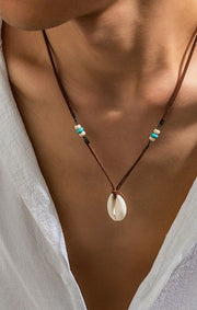 Sea&cowrie shell NECKLACE HANDMADE BLACK DRAWSTRING