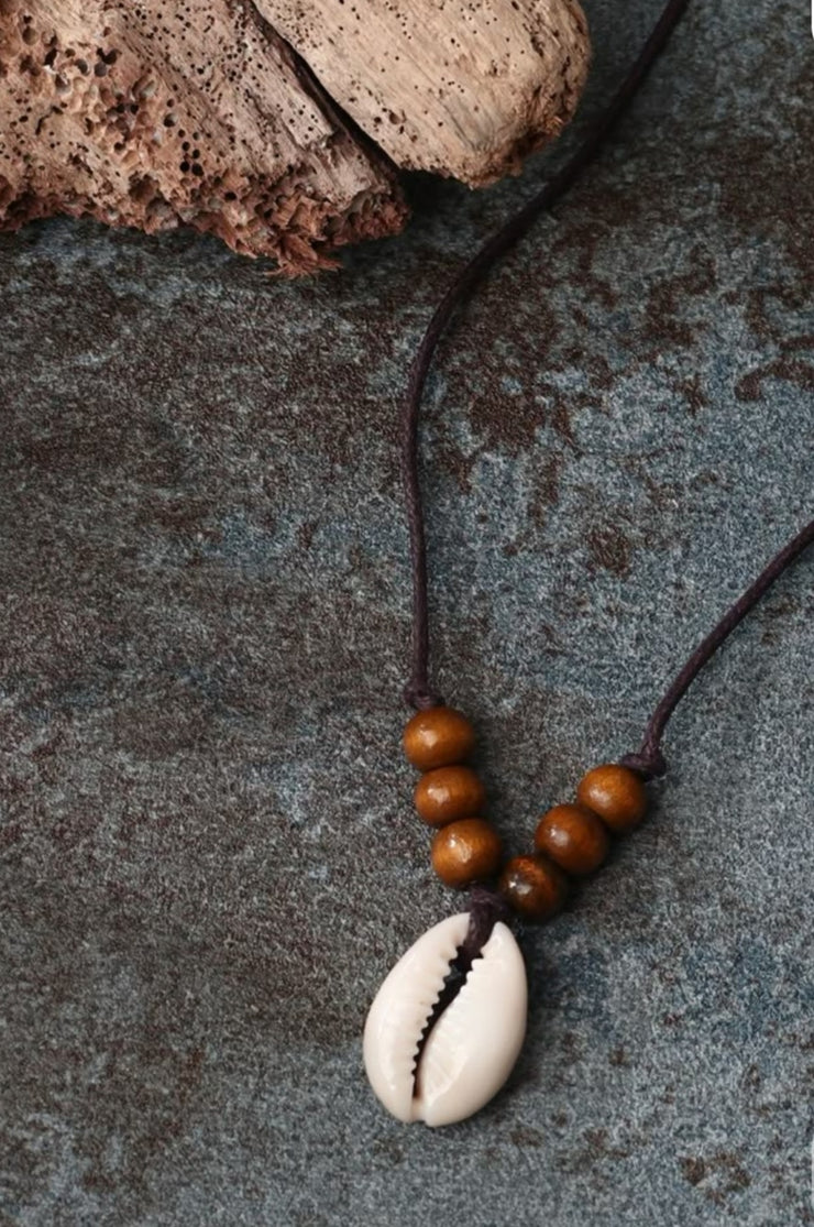 Sea&cowrie shell NECKLACE HANDMADE BLACK DRAWSTRING